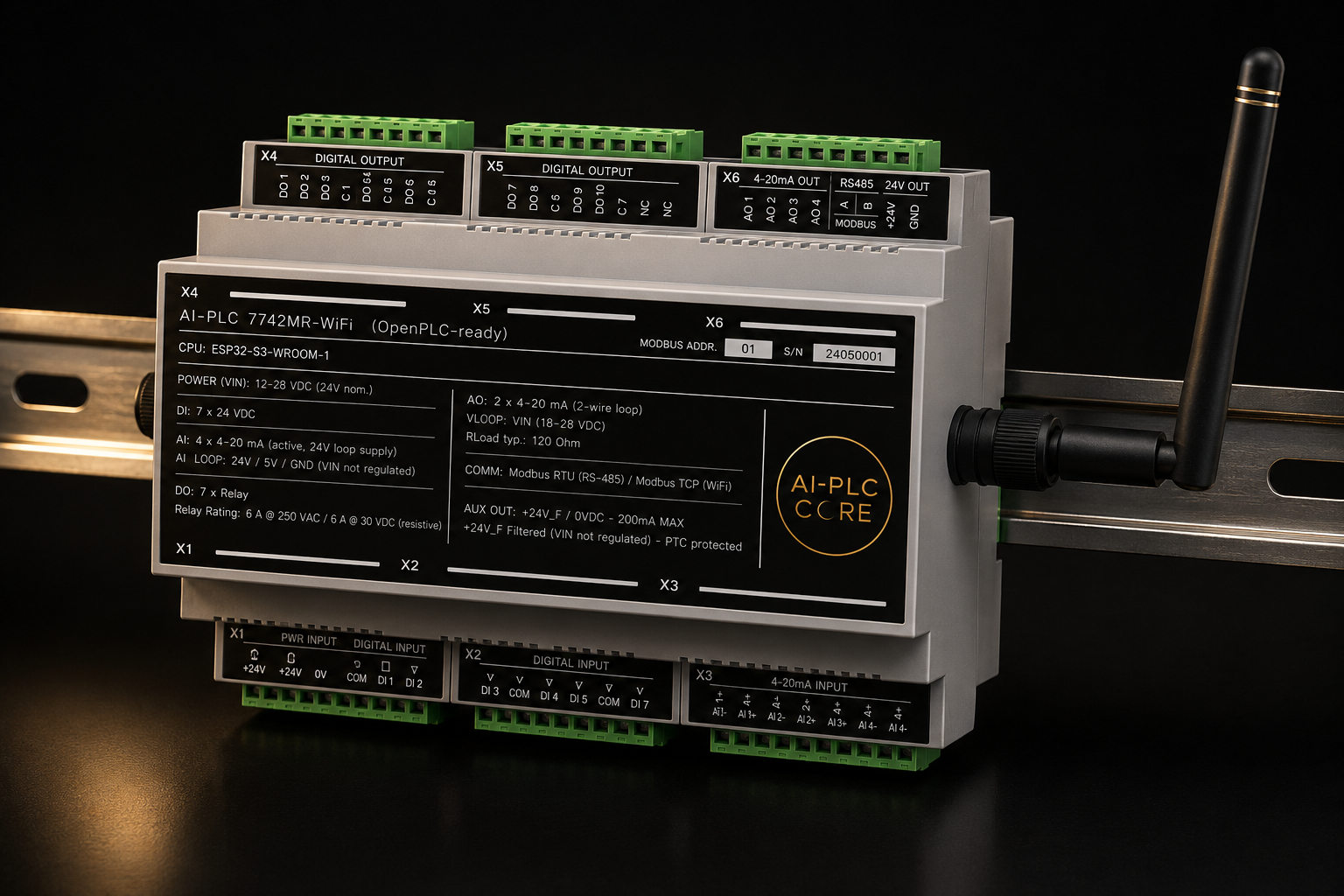 AI-PLC Core industrial controller in DIN-rail enclosure